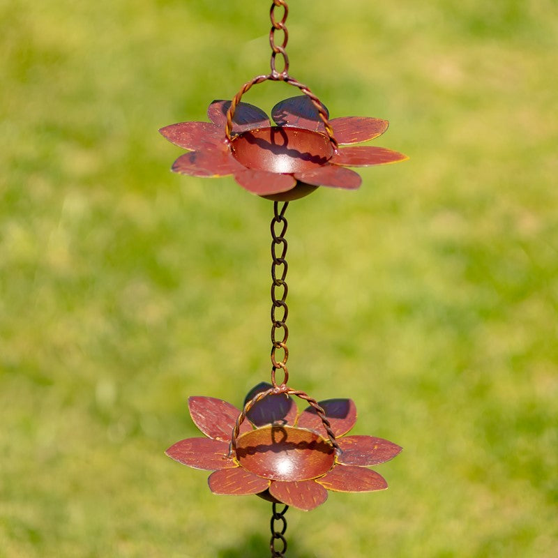 78" LONG IRON FLOWER RAIN CHAIN IN ANTIQUE RUST