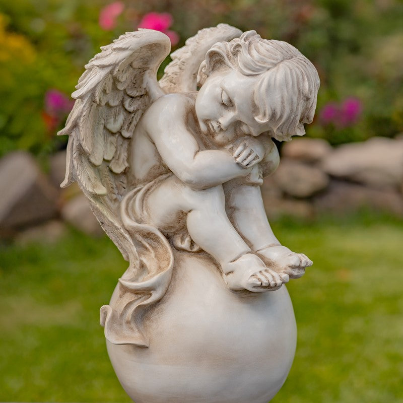 Set of Two 16" Tall MGO Cherubs Sitting on Globe Pedestals "Gabriel & Angelo"