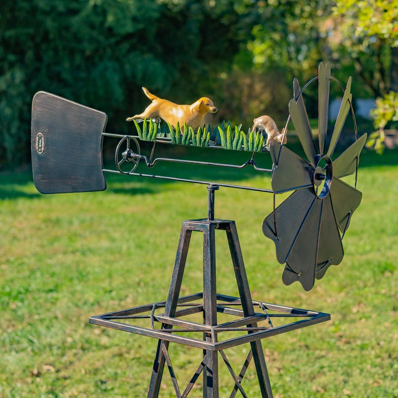 59.8" Tall Iron Windmill with Dog Chasing Rabbit on Weather Vane