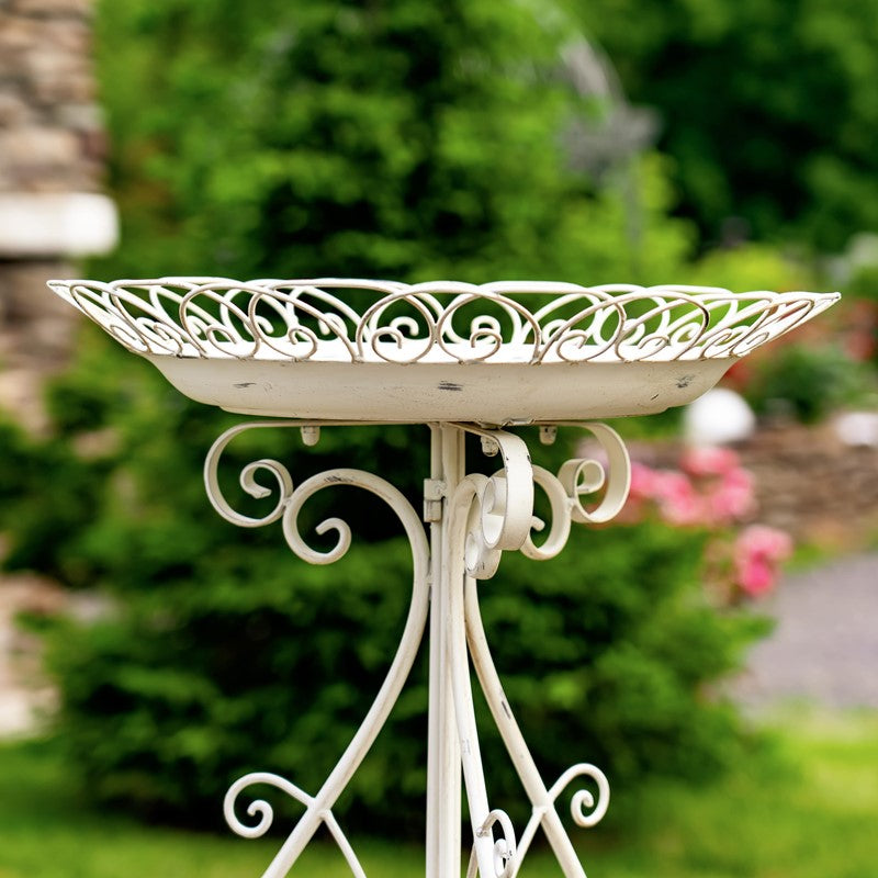 28" Tall Round Iron Birdbath with Folding Stand in Antique White "Stephania"