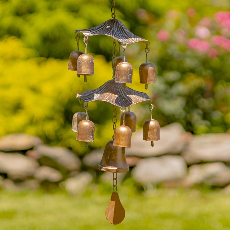 42" Long Hanging Pagoda Shaped Iron Birdfeeder with Toadstool & Bells