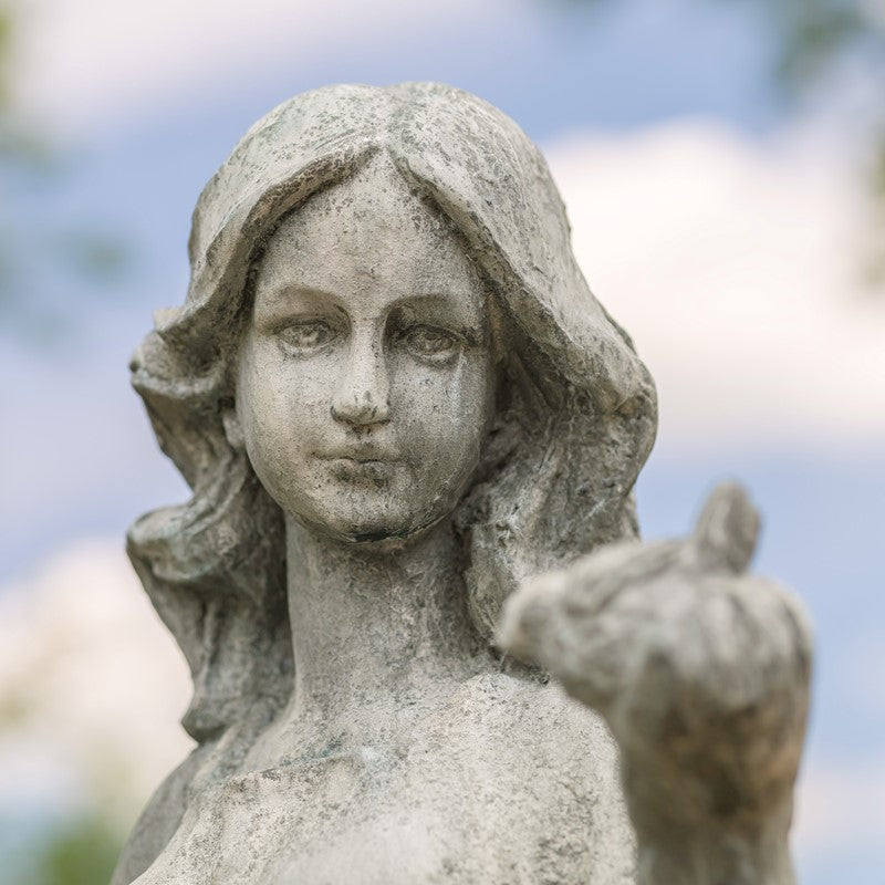 38" Tall Magnesium Girl Holding Bird and Bowl Garden Statue in Grey "Holly"