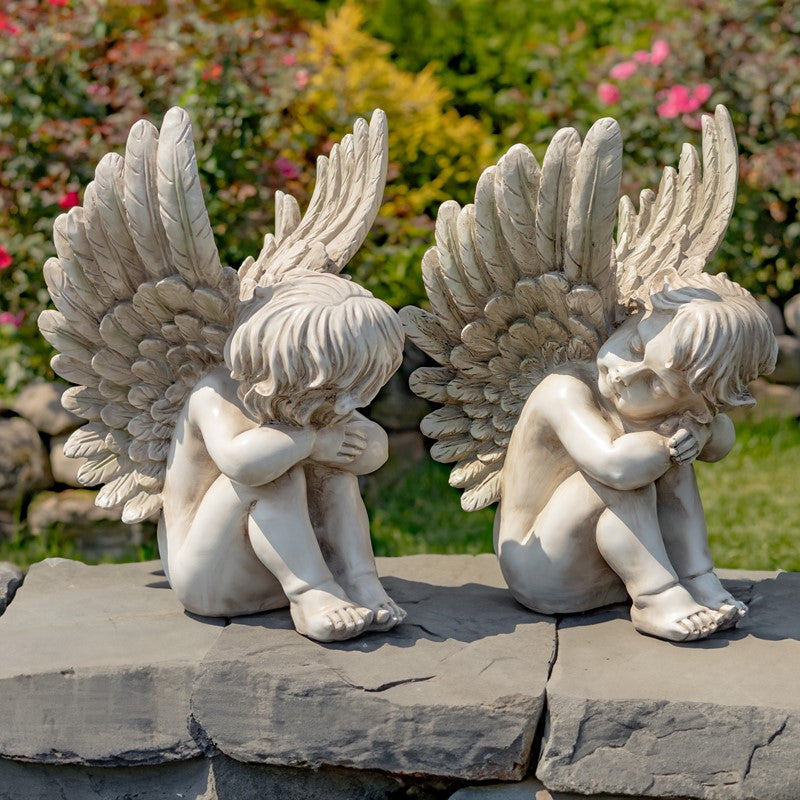Set of Two 20" Tall Sitting Polyresin Cherub Statues "Thomas & James"