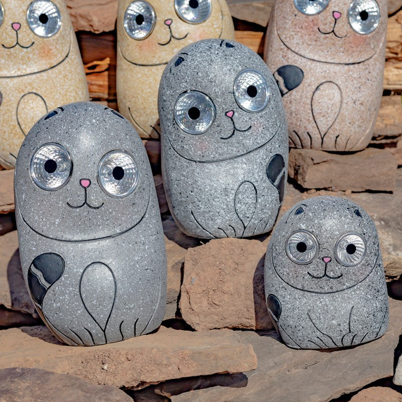 Set of 3 Solar "Rock" Cats with Light Up Eyes in Three Assorted Colors