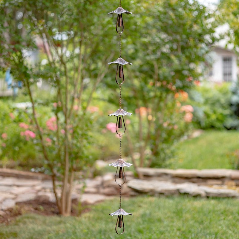 76" LONG ANTIQUE BRONZE IRON RAIN CHAIN WITH MUSHROOM-SHAPED BELLS