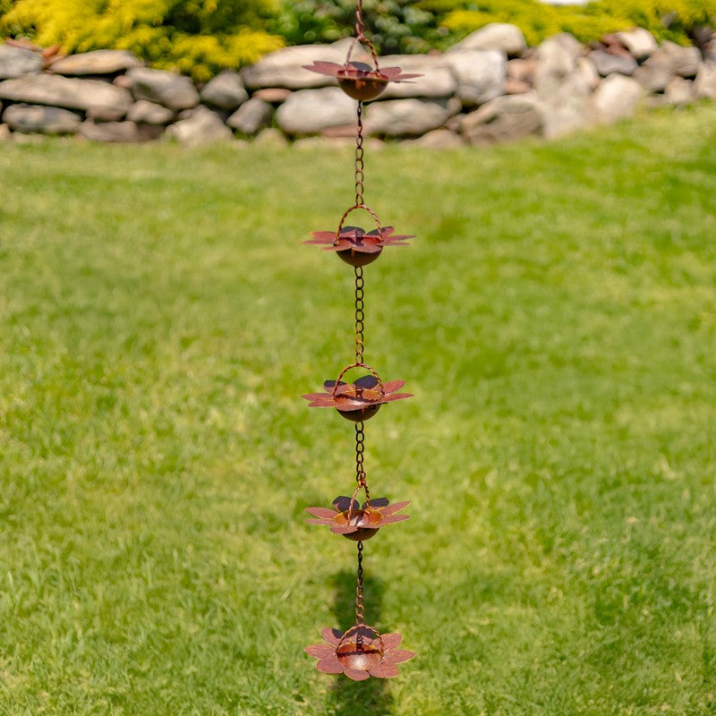 78" LONG IRON FLOWER RAIN CHAIN IN ANTIQUE RUST