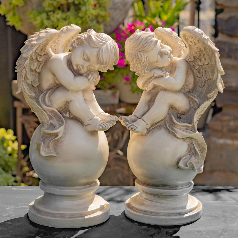 Set of Two 16" Tall MGO Cherubs Sitting on Globe Pedestals "Gabriel & Angelo"