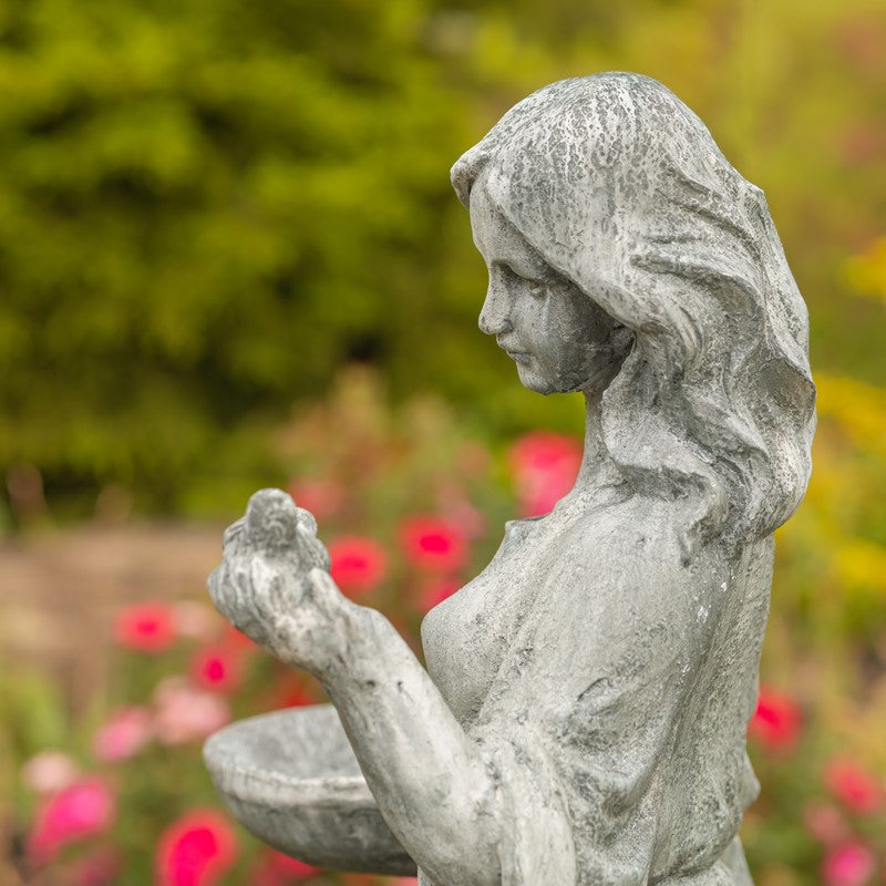 38" Tall Magnesium Girl Holding Bird and Bowl Garden Statue in Grey "Holly"