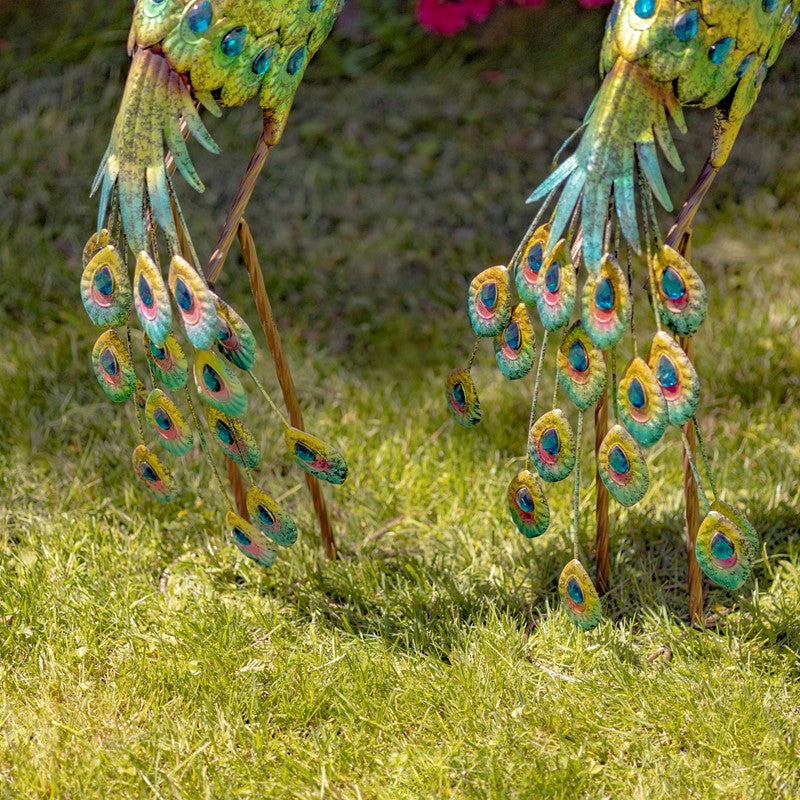 Set of 2 41" Tall Blue & Green Colorful Metal Peacocks with Acrylic Accents