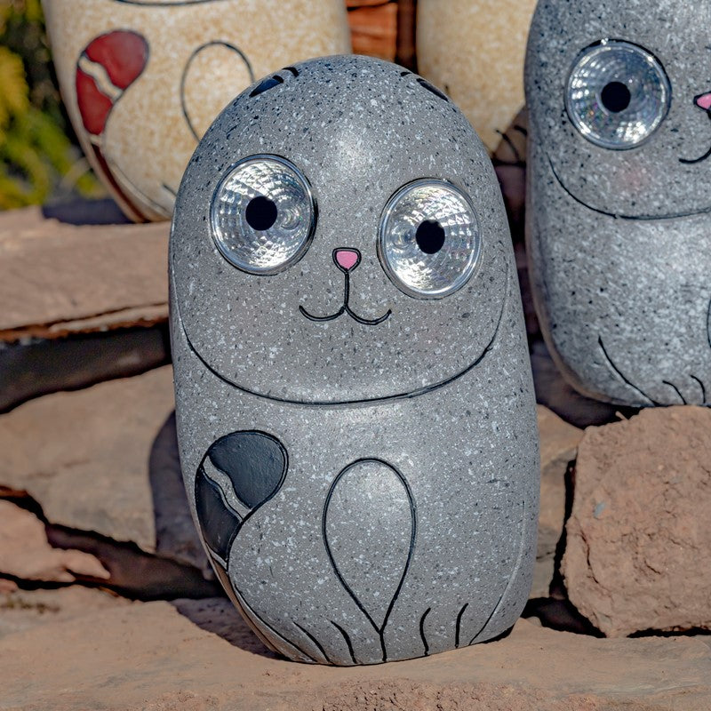 Set of 3 Solar "Rock" Cats with Light Up Eyes in Three Assorted Colors