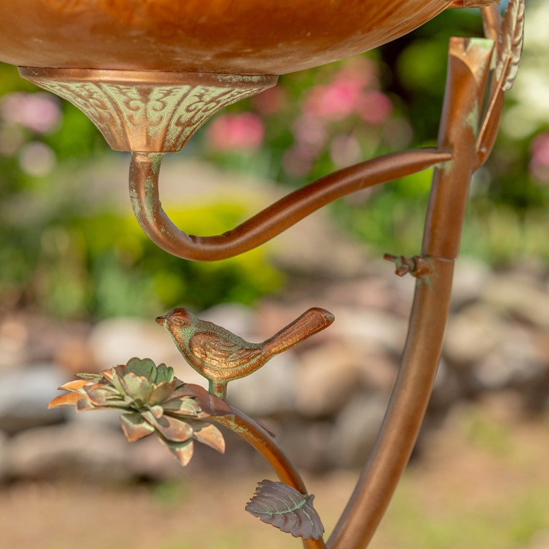 27" Tall Antique Copper Scallop Edge Birdbath with Branch Legs