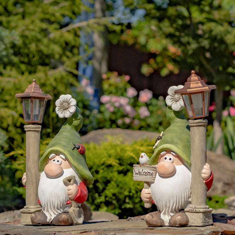 Set of 2 Spring Garden Gnomes with Solar Lanterns "Shortstack & Dinkle"