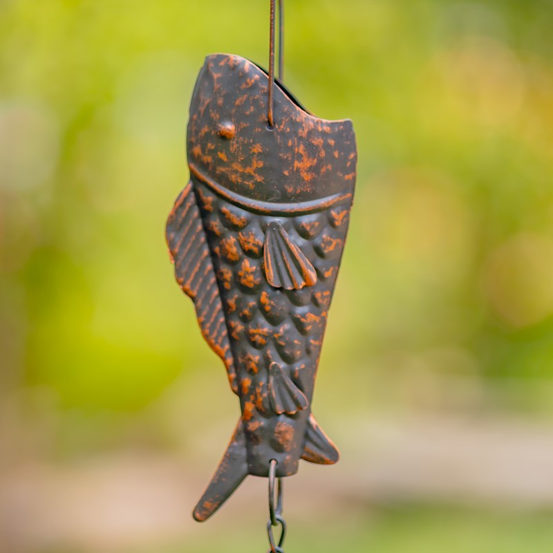 76.75" LONG ANTIQUE BRONZE IRON RAIN CHAIN WITH RAINBOW TROUT