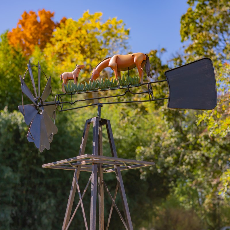 59.8" Tall Iron Windmill with Horse Family on Weather Vane