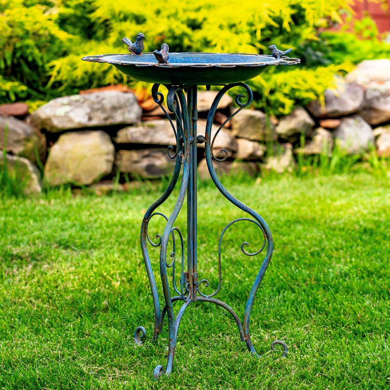 28.75" Tall Ornate Iron Birdbath with 3 Small Birds in Cobalt Blue "Stephania"