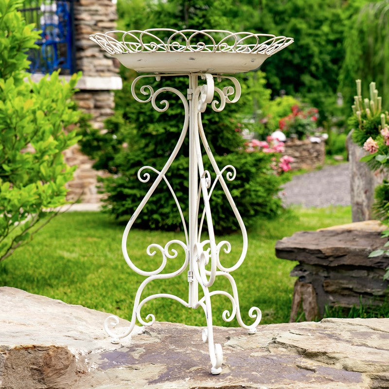 28" Tall Round Iron Birdbath with Folding Stand in Antique White "Stephania"
