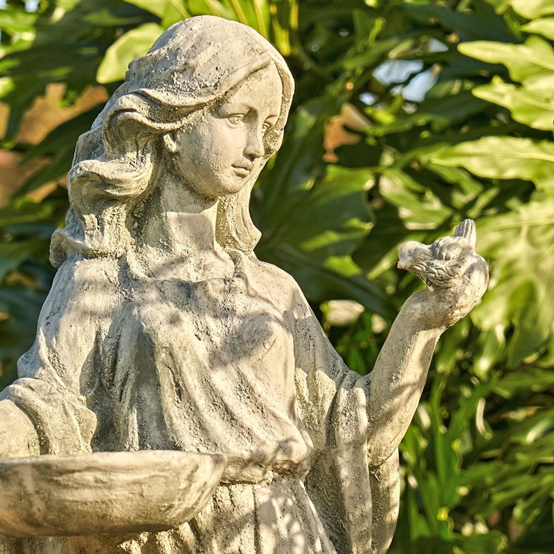38" Tall Magnesium Girl Holding Bird and Bowl Garden Statue in Grey "Holly"