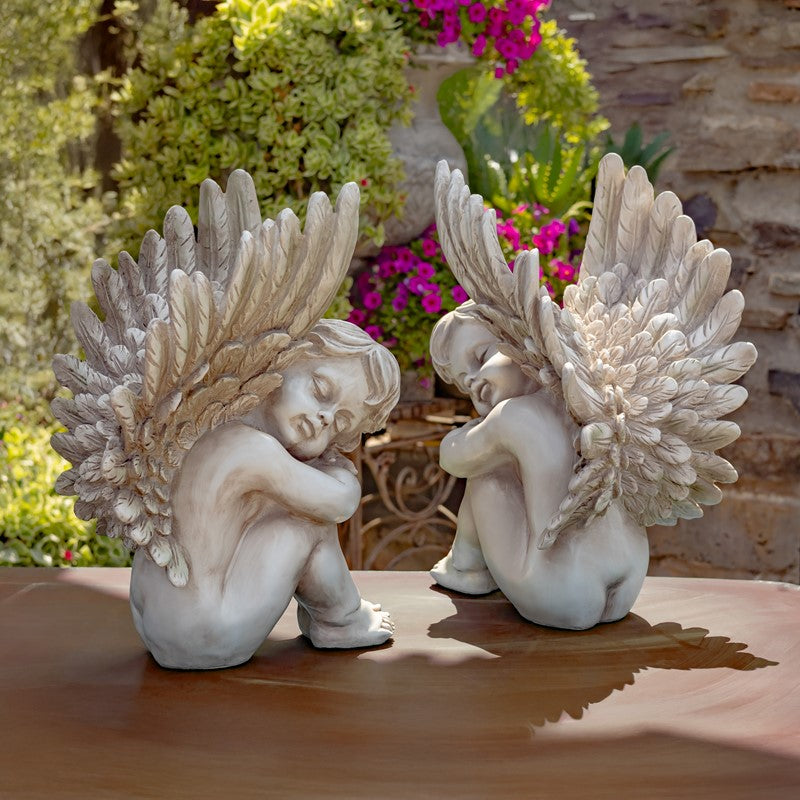 Set of Two 20" Tall Sitting Polyresin Cherub Statues "Thomas & James"