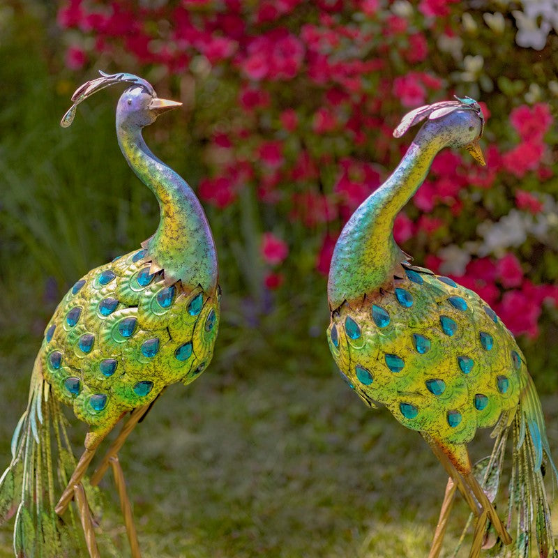 Set of 2 41" Tall Blue & Green Colorful Metal Peacocks with Acrylic Accents