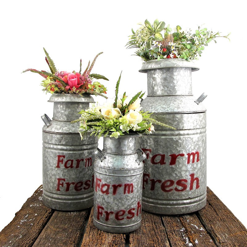 Set of 3 Galvanized Old Style Milk Jug Planters in Red