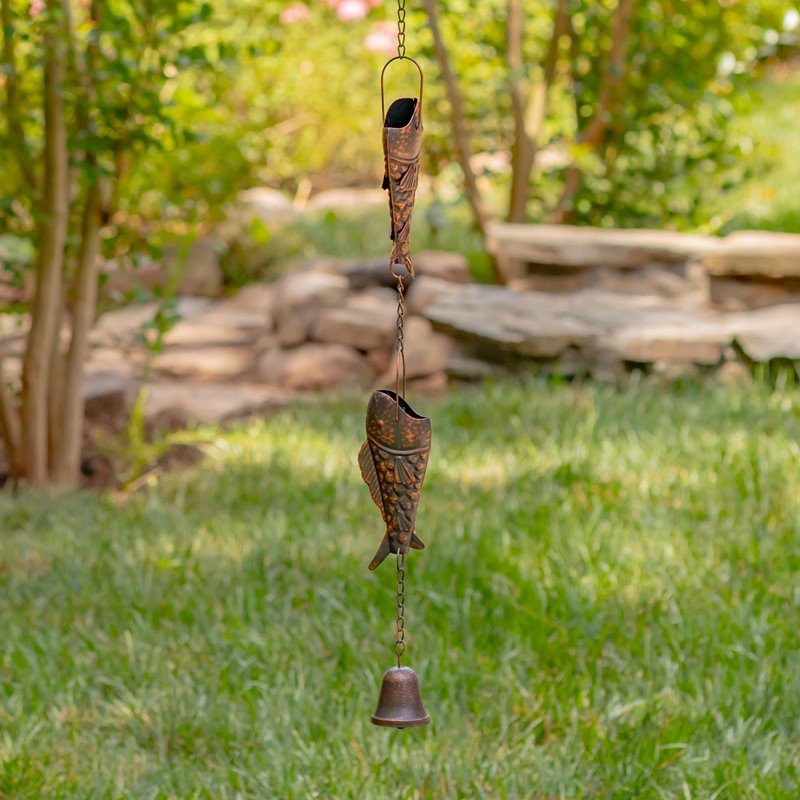 76.75" LONG ANTIQUE BRONZE IRON RAIN CHAIN WITH RAINBOW TROUT