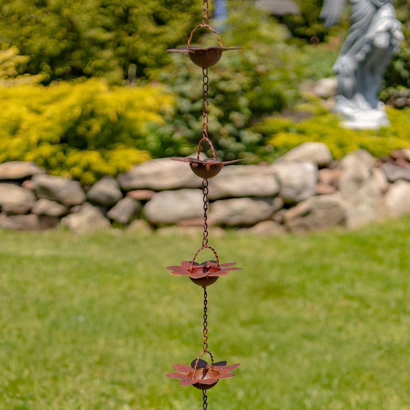 78" LONG IRON FLOWER RAIN CHAIN IN ANTIQUE RUST