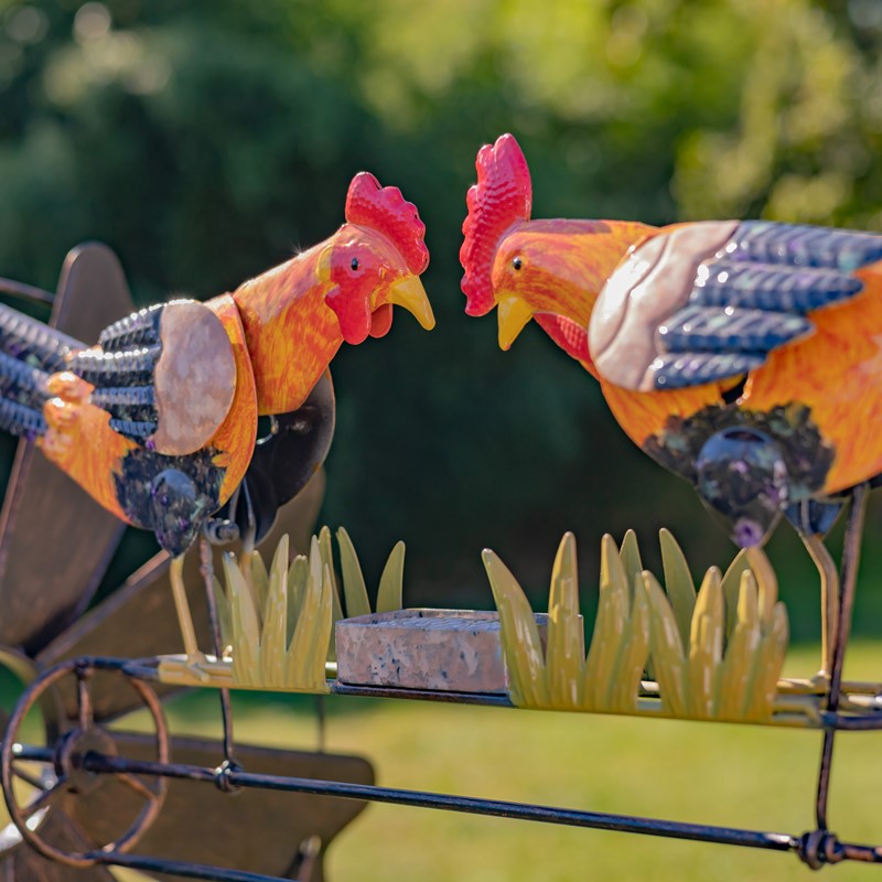 59.8" Tall Iron Windmill with Feeding Roosters & Weather Vane