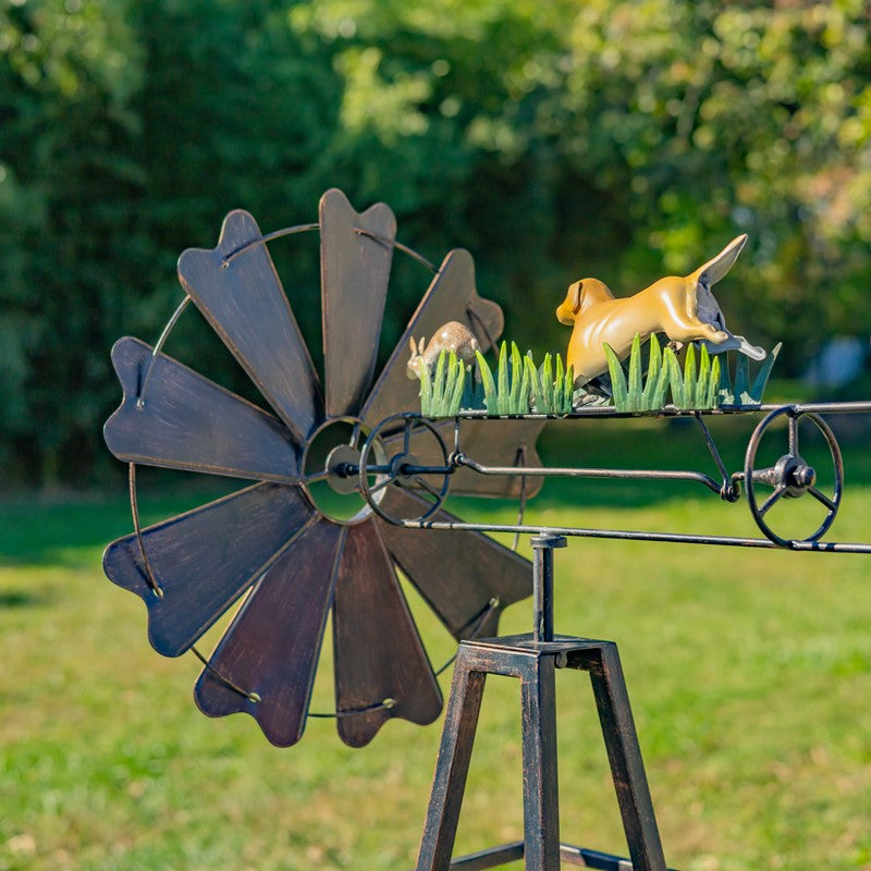 59.8" Tall Iron Windmill with Dog Chasing Rabbit on Weather Vane