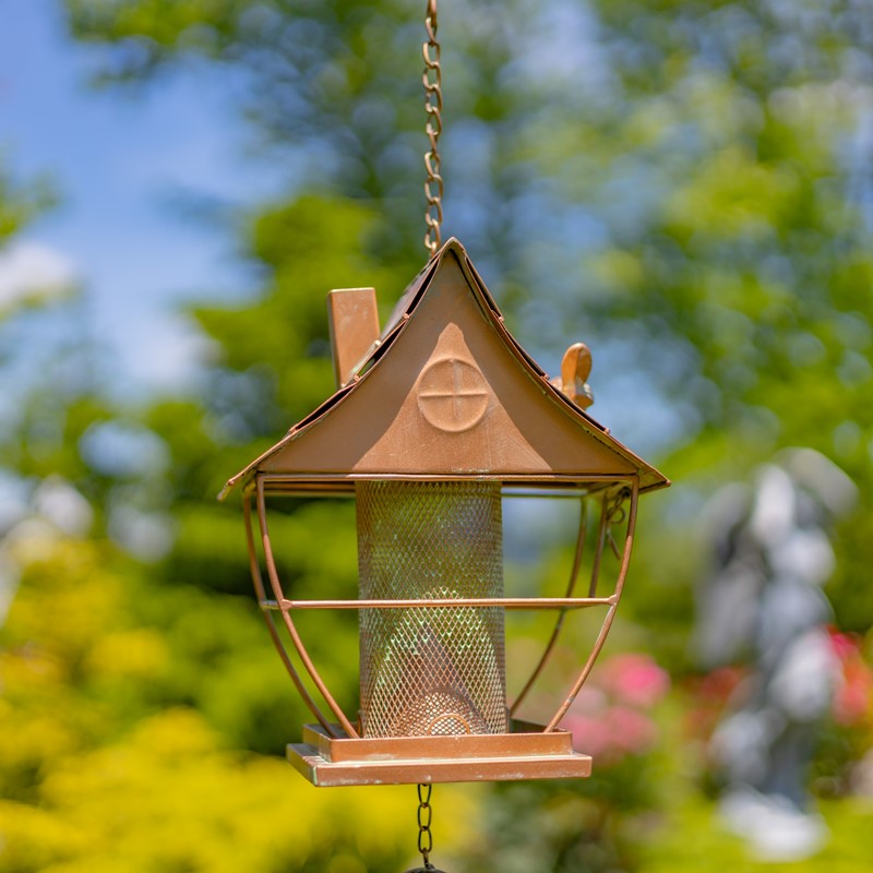 42" Long Hanging Pagoda Shaped Iron Birdfeeder with Toadstool & Bells