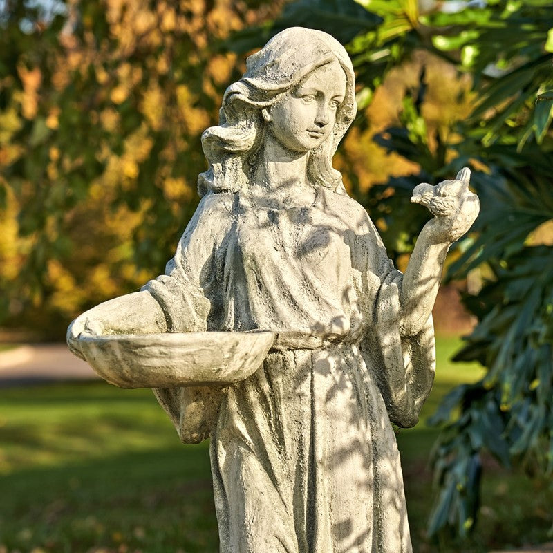 38" Tall Magnesium Girl Holding Bird and Bowl Garden Statue in Grey "Holly"