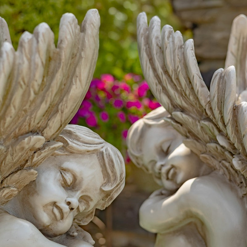 Set of Two 20" Tall Sitting Polyresin Cherub Statues "Thomas & James"