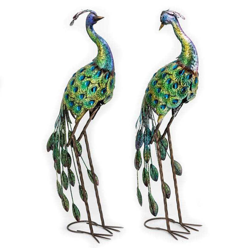 Set of 2 41" Tall Blue & Green Colorful Metal Peacocks with Acrylic Accents