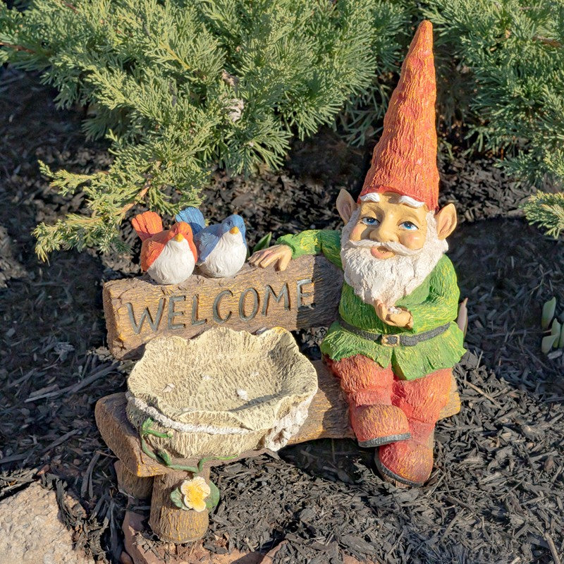 15.35" Tall Spring Garden Gnome with Welcome Sign, Birds and Birdbath