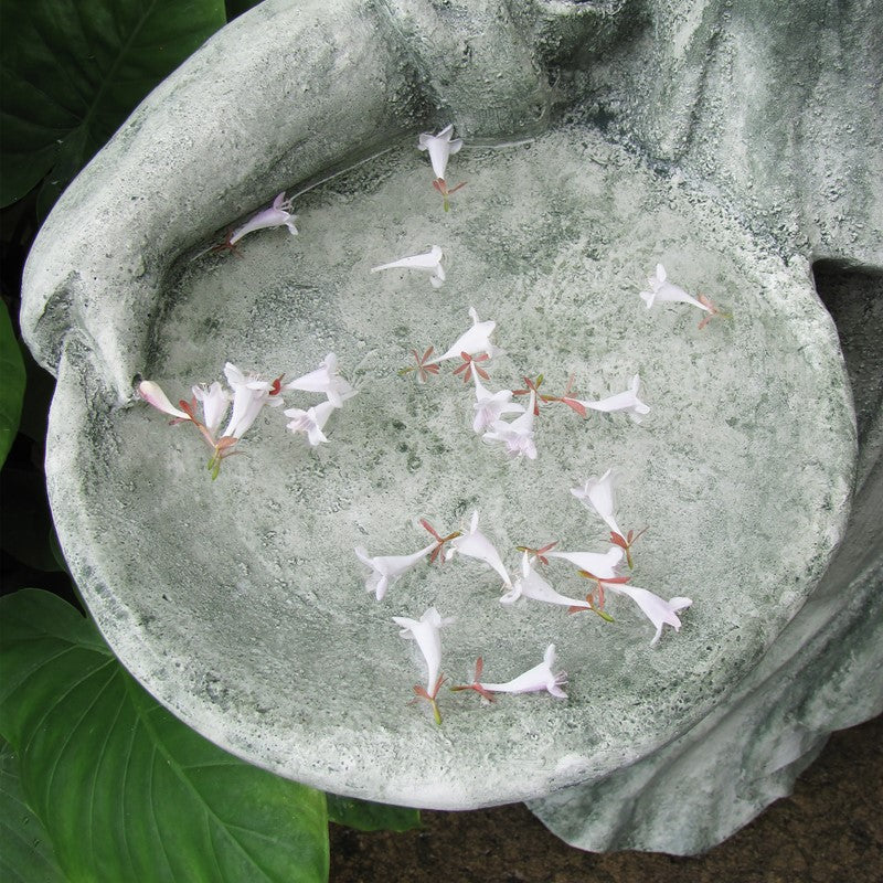 38" Tall Magnesium Girl Holding Bird and Bowl Garden Statue in Grey "Holly"