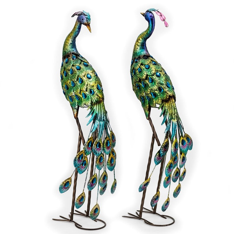 Set of 2 41" Tall Blue & Green Colorful Metal Peacocks with Acrylic Accents