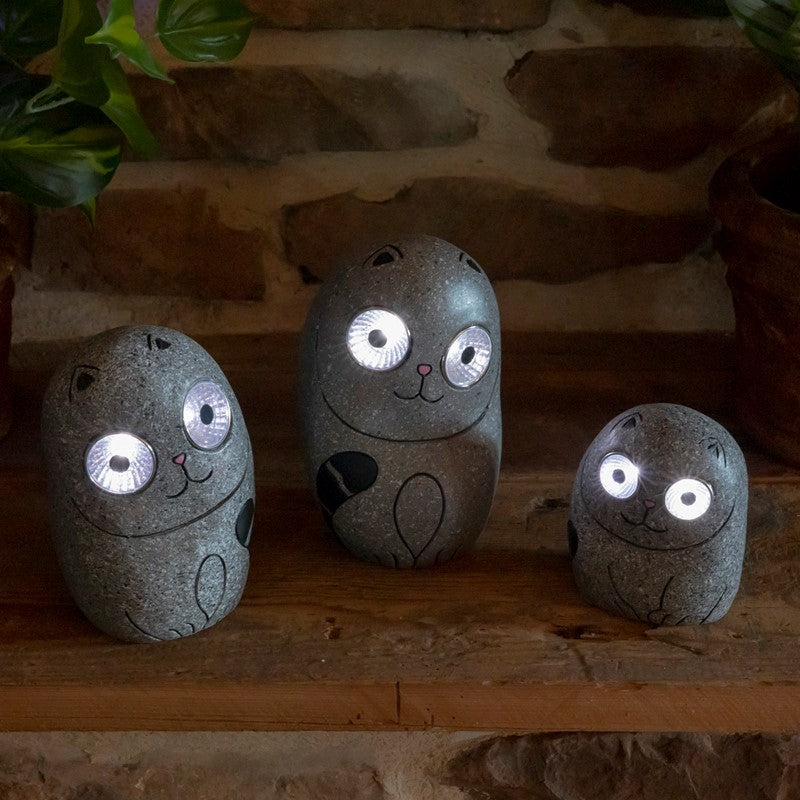 Set of 3 Solar "Rock" Cats with Light Up Eyes in Three Assorted Colors