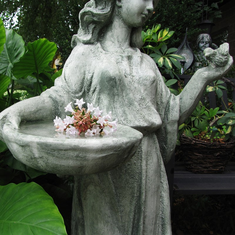 38" Tall Magnesium Girl Holding Bird and Bowl Garden Statue in Grey "Holly"