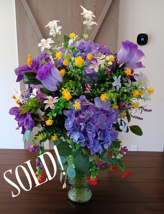 Purple Roses and Hydrangea Silk Vase