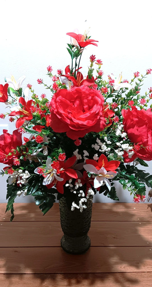 Red and White Silk Cemetery Vase