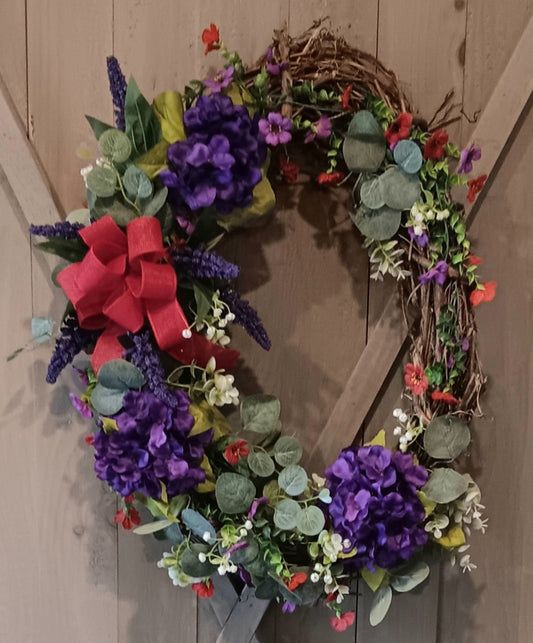 Red & Purple Silk Oval Grapevine Wreath (LOCAL PICK-UP Only)