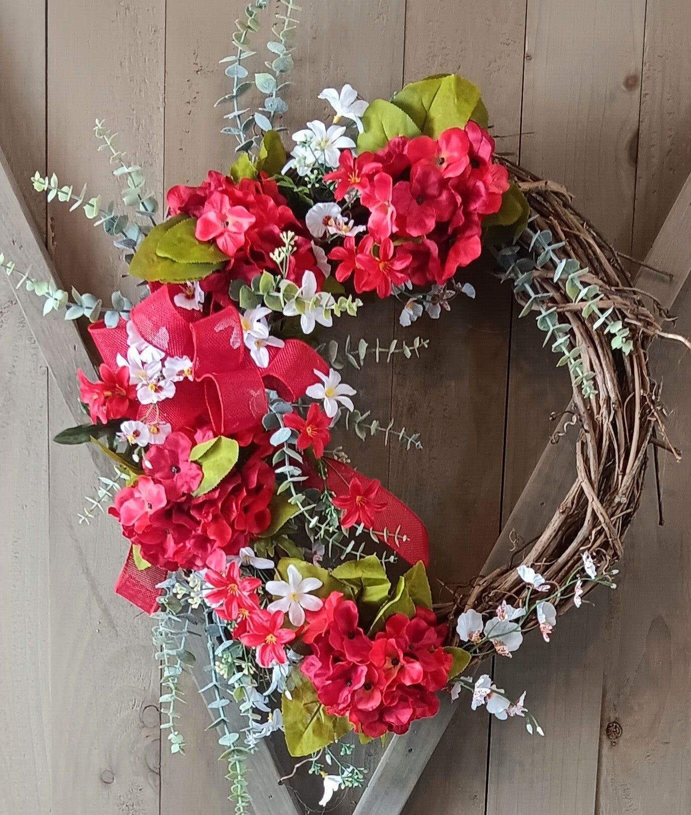 Red Hydrangea Grapevine Wreath -SALE!!