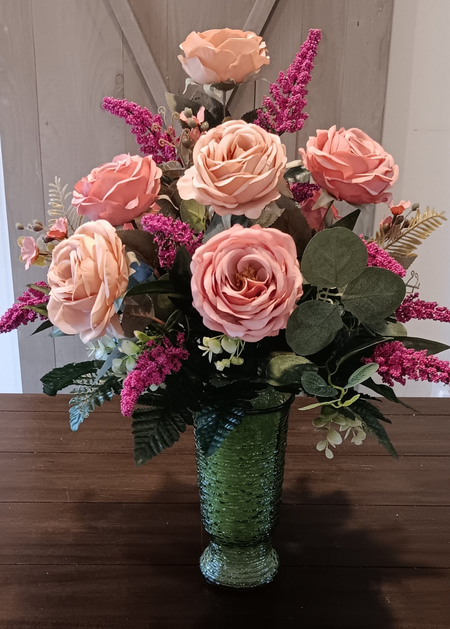 Silk Peach Roses and Purple Heather Vase (Local Pick-up Only)