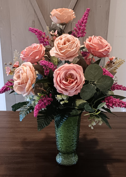 Silk Peach Roses and Purple Heather Vase (Local Pick-up Only)